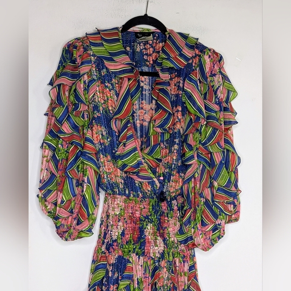 Diane Freis Vintage Georgette Maxi Dress Boho Floral Stripe Ruffle - Picture 3 of 4